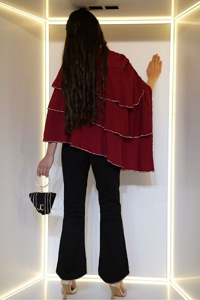 Ribbon kids Glittery Layered Poncho Blouse Girl Set – Special Occasion Combination with Black Trousers + Bag