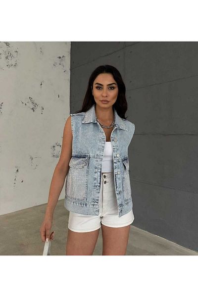 Butik Şans Stone Printed Pocket Shirt Collar Denim Vest