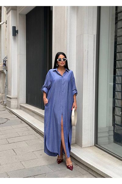 LB Laluna Butik Rochie cămașă lungă de damă din țesătură cu aspect denim