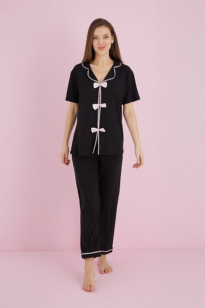 Fulla Moda Set pijama cu guler de cămașă cu fundă
