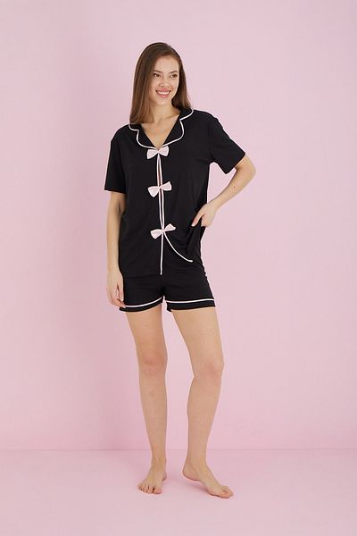 Fulla Moda Bow Collar Shirt Shorts Pajama Set