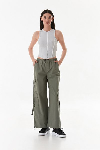 Fulla Moda Ελαστικό υφασμάτινο παντελόνι αλεξίπτωτο με ελαστική μέση και τσέπη φορτίου και πώμα