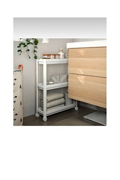 abnturk 3 Katlı Tekerlekli Raf Ünitesi Beyaz Mutfak Banyo Rafı Düzenleyeci Organizer 51x16cm Yüksekliği 75cm