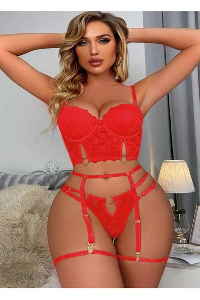 For Dreams 8406 Φανταχτερό σετ εσωρούχων με δαντέλα και λεπτομέρεια μπουστάκι με καλτσοδέτα