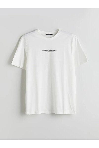 LC Waikiki Xside Ecru Crew Neck Printed Combed Cotton Mens T-Shirt