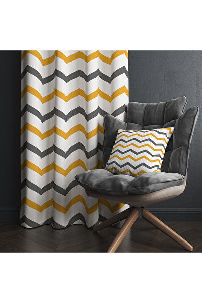 LadiesHome Yellow & Gray Zigzag Patterned Background Curtain – Modern and Vibrant Decoration 140X260 cm Single Wing