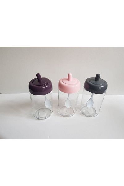 abenim 3 Pieces Spice Rack Set with Spoon - 330 ml - Glass Jar (Pink-Grey-Purple)