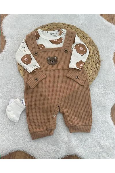MİLAYS LİFE HOME COLLECTİON Baby Jumpsuit Socks with Teddy Bear Embroidered 100% Cotton with Gift