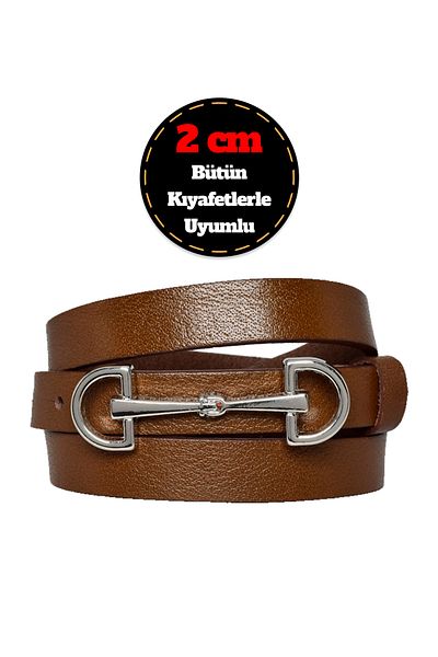 GoDeri 100% Genuine Leather, Silver Buckle Thin 2 cm Light Brown Women's Belt; Dress, Pants BeltD&D