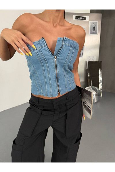 DENİKK Trend Crop fără bretele Denim Jean Old Wash Bustieră