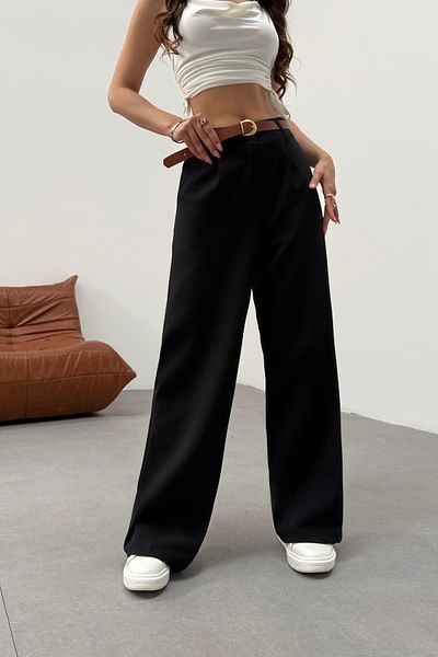BİKELİFE Women's High Waist Belt Detailed Elastic Waist Loose Palazzo Fabric Trousers