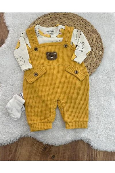 MİLAYS LİFE HOME COLLECTİON Baby Jumpsuit Socks with Teddy Bear Embroidered 100% Cotton with Gift