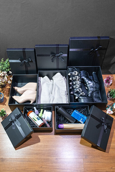 SİMGE KUTU Mega Büyük Boy XXL 5'li Siyah Kurdeleli Hediye Kutusu Damat Çeyiz Bohça Kutusu