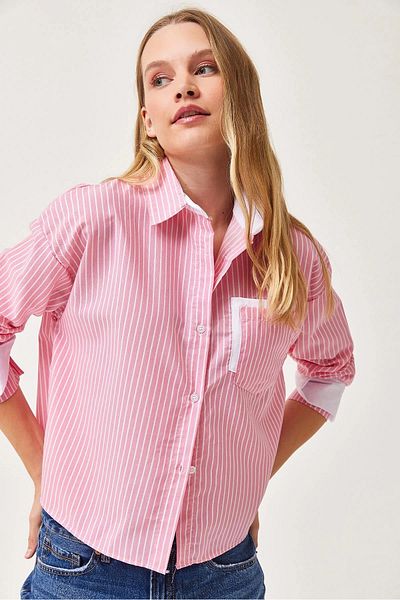 bacc Cămașă țesătă oversize cu dungi oversize pentru femei, cu manșete și buzunare, Bc 231036