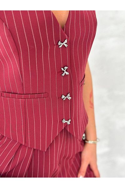 KARACAN COMPANY Women's Striped Vest with Butterfly Button Detail
