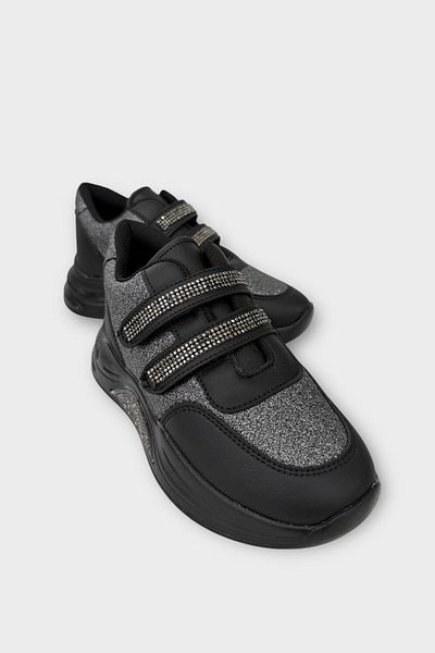 Liger Pantofi sport cu velcro cu strasuri cu talpă înaltă pentru fete NEGRU - ARGINTIU