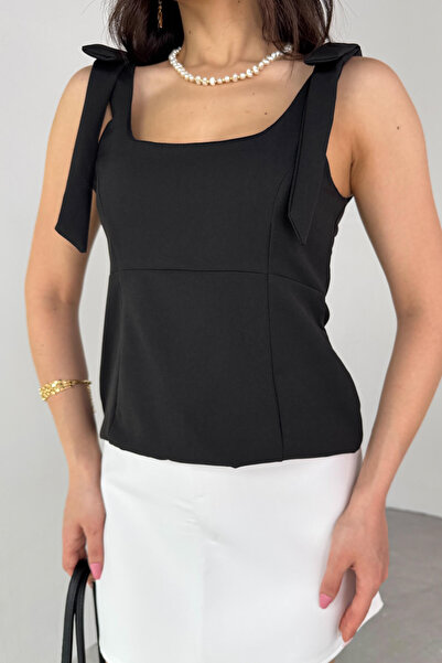 Cappmoda Blz-06286 Black Pool Neck Strap Blouse