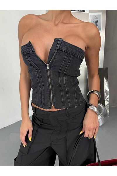 DENİKK Trend Strapless Crop Denim Jean Distressed Washed Bustier