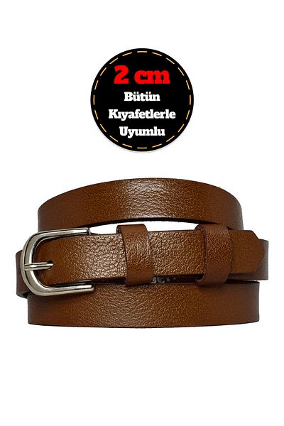 GoDeri 100% Genuine Leather Belt with Silver Buckle 2 cm Thin Light Brown Women's Belt
