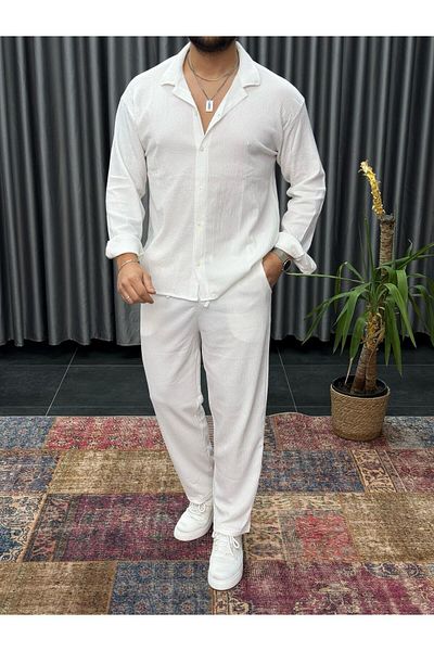 Elvino Bürümcük Crinkle Fabric Summer Lycra Unisex Men's Summer Comfortable Shirt Pants Set
