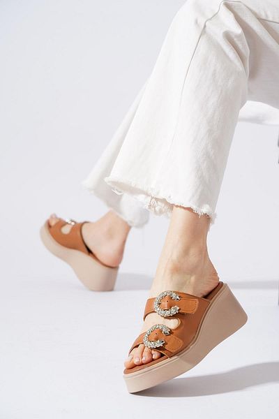 Moda Pie Γυναικείες παντόφλες Senas Double Buckle Γνήσιο Δέρμα Καφέ δέρμα
