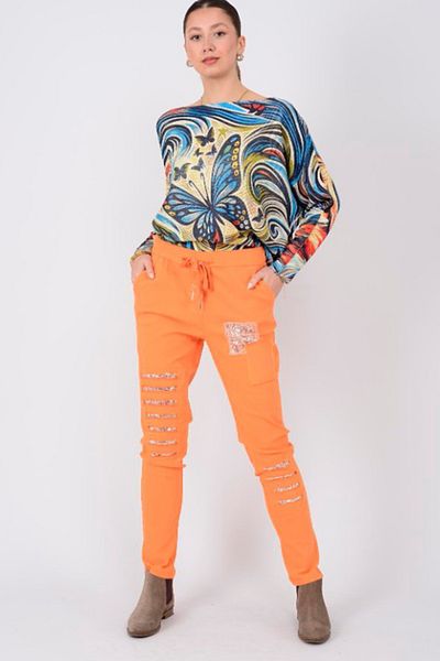 AYASOFYA OTANTIK Women's Italian Orange Elastic Waist Laser Cut Sequin Patched Trousers