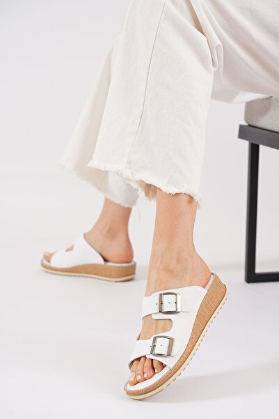 Moda Pie Γυναικείες παντόφλες Resna Double Buckle Γνήσιο Δέρμα Λευκό δέρμα