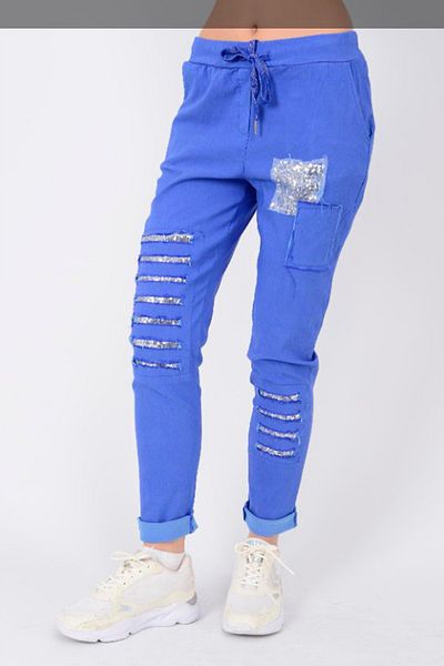 AYASOFYA OTANTIK Women's Italian Saks Blue Elastic Waist Laser Cut Sequin Sequin Patched Trousers