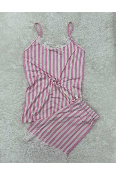 XORVİO Women's Rope Strap Pink Patterned Shorts Set Lace Detailed Stylish Summer Large Size Oversize Pajamas