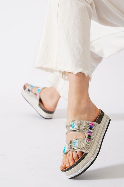 Moda Pie Γυναικείες παντόφλες Loases Double Buckle Stone Λευκές