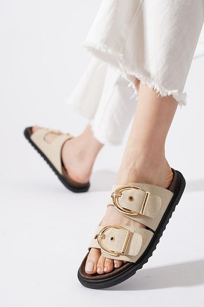 Moda Pie Γυναικείες παντόφλες Loggo Double Buckle Beige Suede
