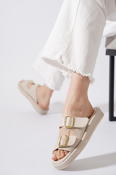 Moda Pie Γυναικείες παντόφλες Korles Double Buckle Μπεζ δέρμα
