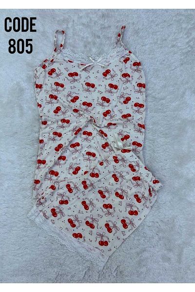 XORVİO Women's Rope Strap Cherry Pattern Shorts Set Lace Detailed Stylish Summer Large Size Oversize Pajamas