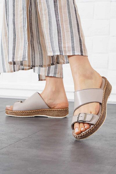 Moda Pie Γυναικείες παντόφλες Medert Buckle Γνήσιο Δέρμα Γκρι δέρμα