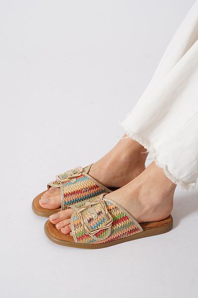 Moda Pie Γυναικείες παντόφλες Waxrib Side Buckle Straw Indigo