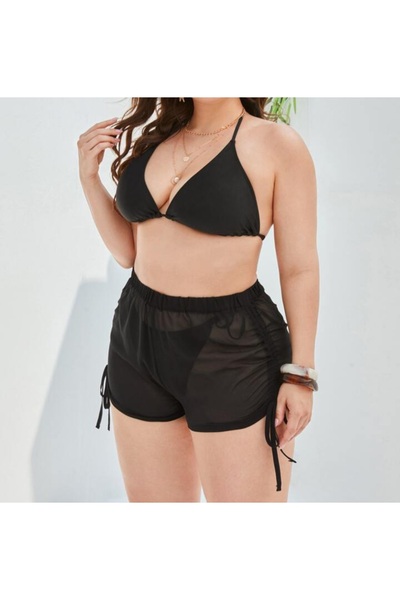MAROVOAY Yanları büzgü detaylı büyük beden Tül plaj şortu pareo