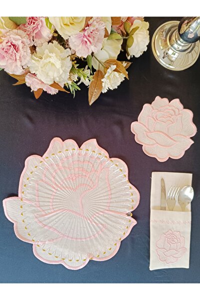 Misue Handmade Flower Pattern Embroidered American Service Set 18 Pieces, Cocktail Presentation Napkin, Tableware Presentation Plate Coaster
