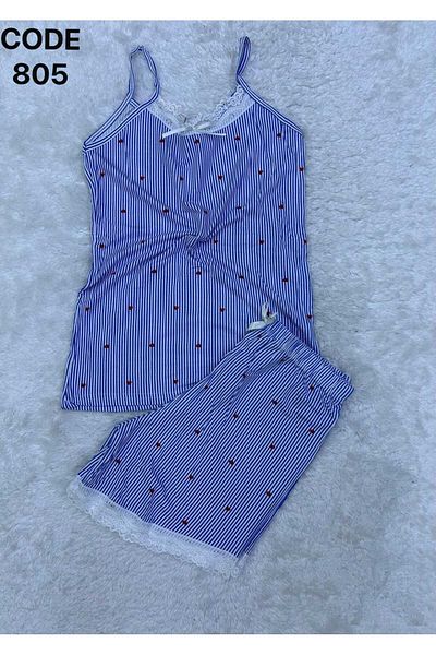 XORVİO Women's Rope Strap Blue Heart Pattern Shorts Set Lace Detailed Stylish Summer Large Size Oversize Pajamas