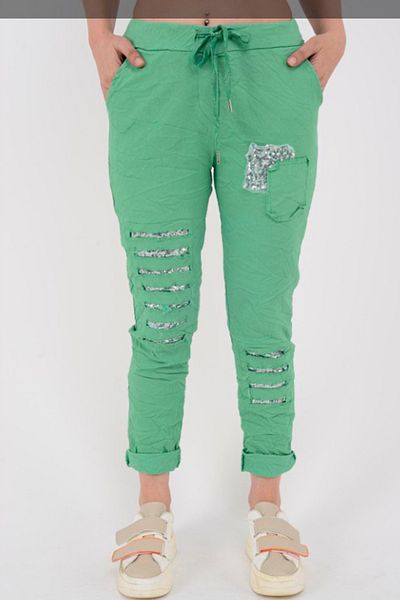 AYASOFYA OTANTIK Women's Italian Green Elastic Waist Laser Cut Sequin Sequin Patched Trousers