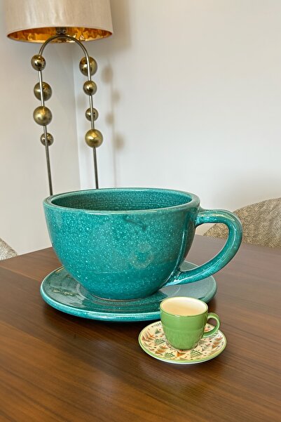 AdenArt Dekoratif Kahve Fincanı - Tabaklı Toprak Saksı 15*24 Cm