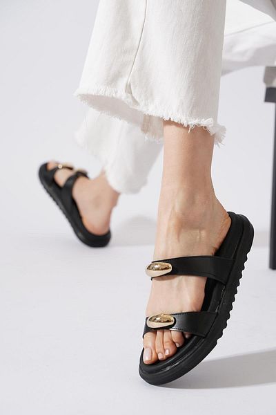 Moda Pie Γυναικείες παντόφλες Admos Double Band Top Buckle Μαύρο δέρμα