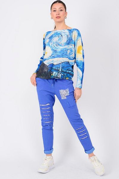 AYASOFYA OTANTIK Women's Italian Saks Blue Elastic Waist Laser Cut Sequin Sequin Patched Trousers
