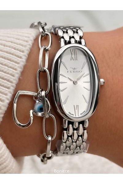 FERRO Stylish Box, Silver Steel Cord, Oval Case, Vip Series Women's Wristwatch Bracelet