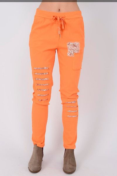 AYASOFYA OTANTIK Women's Italian Orange Elastic Waist Laser Cut Sequin Patched Trousers