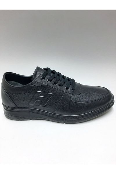 Adnan Bozkaya Genuine Leather Lace-Up Black Summer Men's Shoes