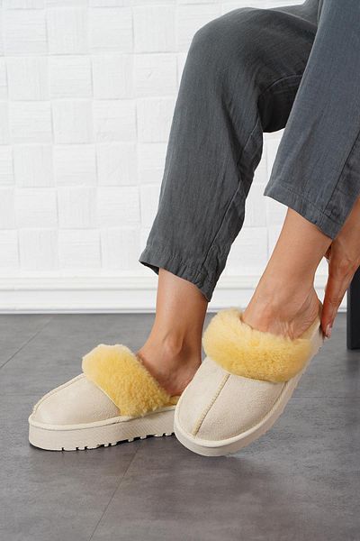 Moda Pie Γυναικείες παντόφλες Penny Thick Sole Furry Beige Suede
