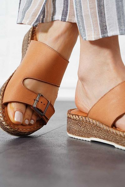 Moda Pie Γυναικείες παντόφλες Medert Buckle Γνήσιο Δέρμα Καφέ Δέρμα