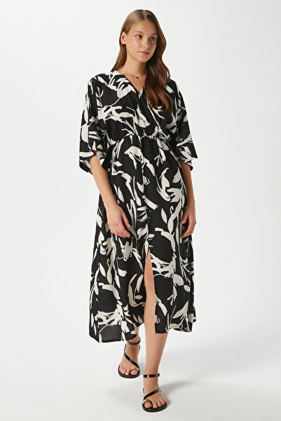 Ritnice Γυναικείο φόρεμα Tamara Black Ecru με ελαστική μέση με διπλό στήθος βισκόζη