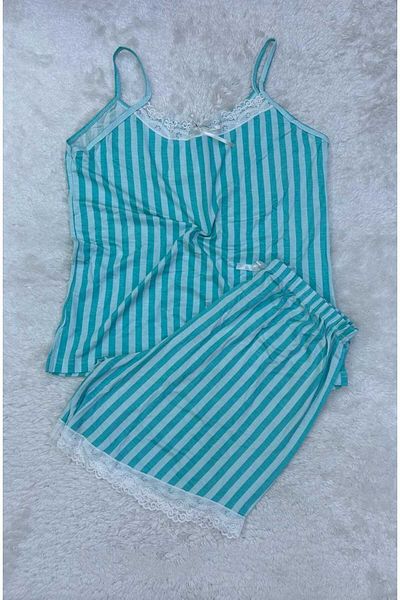 XORVİO Women's Rope Strap Turquoise Pattern Shorts Suit Lace Detailed Stylish Summer Large Size Oversize Pajamas