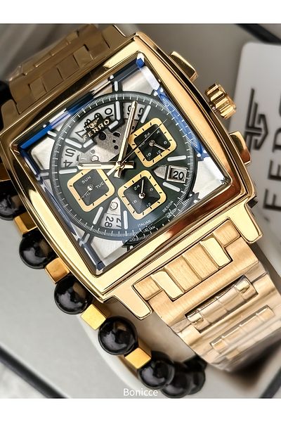 FERRO In Stylish Box,Yellow Green, Steel Cord,Square Dial,Functional Men's Watch Bracelet Gift
